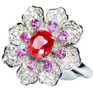 Diamond Flower and Bright Orange, Hot-Pink, 1 Carat, Jedi Spinel, Cocktail Ring